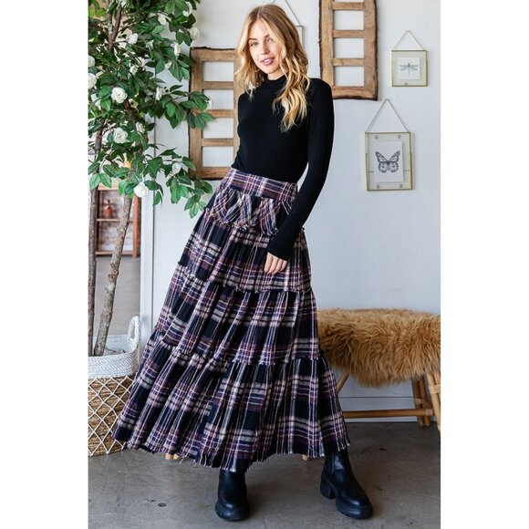 Oli & Hali Purple Mineral Washed Check Plaid Tiered Skirt - Picture 3 of 5
